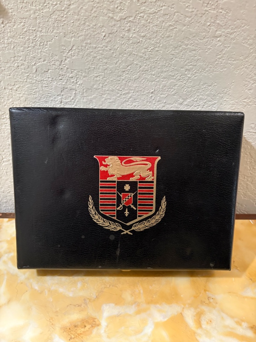 VTG. Lord Buxton Black Jewelry/Accessory Box with Red & Gold Emblem Coat of Arms